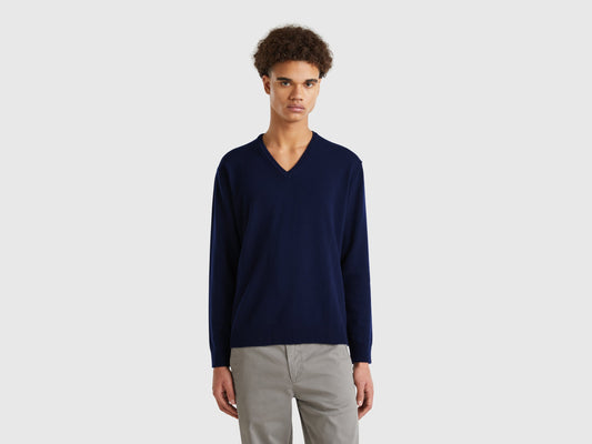 Maglia scollo a V blu scuro in pura lana Merino