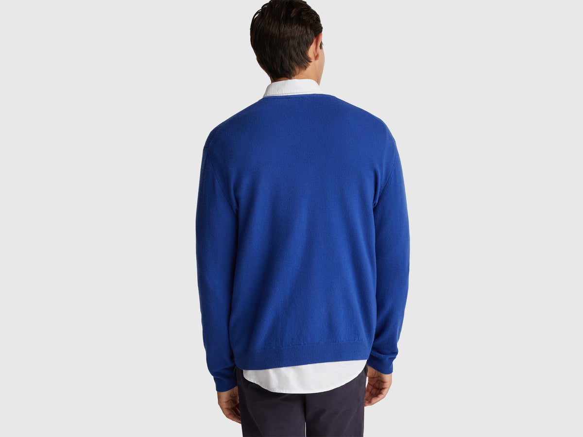 Maglia scollo a V bluette in pura lana Merino
