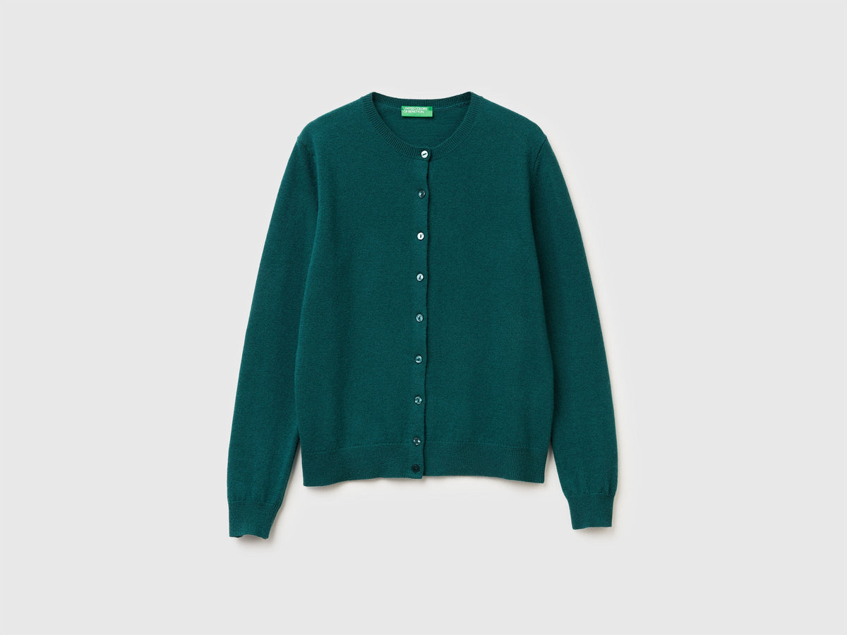 Cardigan girocollo verde in pura lana Merino