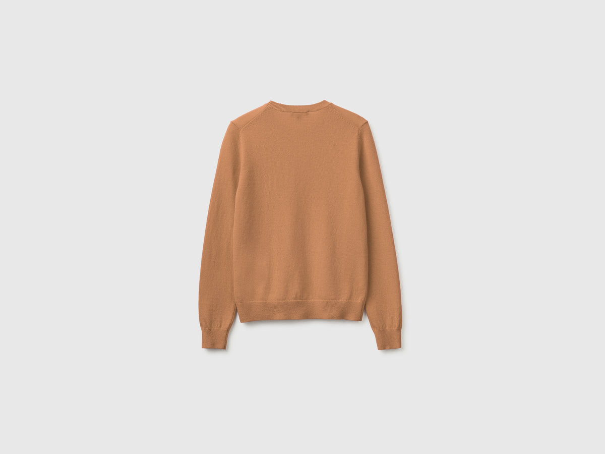Maglia girocollo cammello in pura lana Merino